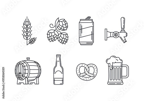 Illustrations of beer brewing and drinking icons