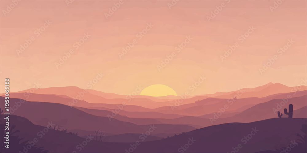 Fototapeta premium A misty orange sunrise and sunset glow over a mountain landscape where the sun meets the horizon above a fog-covered valley forest
