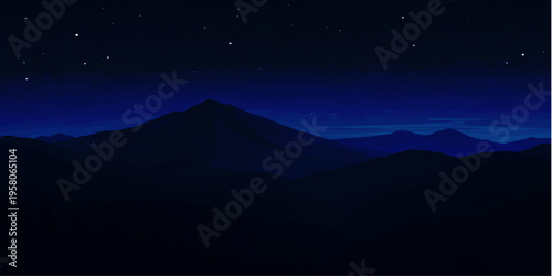 A beautiful night landscape featuring a starry sky over dark mountains with a bright moon and distant clouds captured during the transition from dusk to dawn
