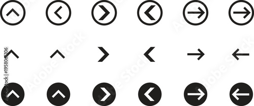 A comprehensive set of minimalist black arrow icons depicting up left right directions in various styles