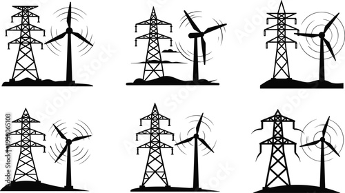 Sustainable, Energy, Infrastructure, Set, Featuring, Wind, Turbines, Power, Towers, And, Futuristic, City, Skyline, Silhouettes, For, Renewable, Industrial, Urban, Development, Graphics.