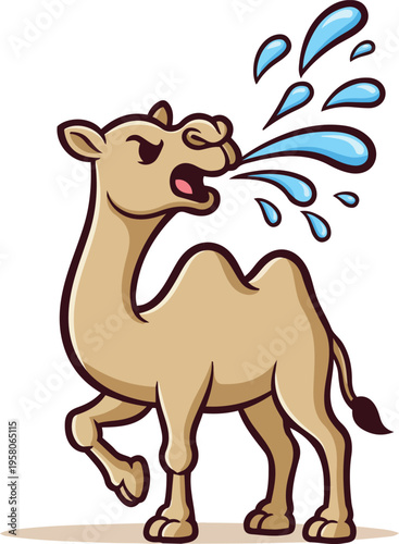 Angry cartoon camel mascot spitting water with a grumpy expression