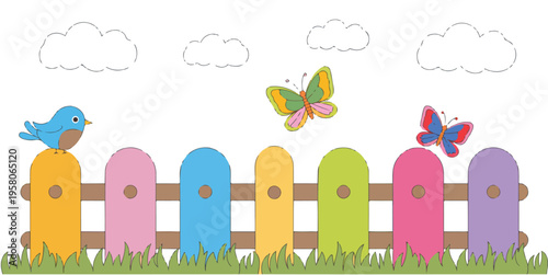 Colorful nature background with flying butterflies and a graceful bird in a peaceful garden scene, spring floral wildlife illustration