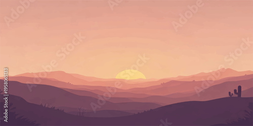 A misty orange sunrise and sunset glow over a mountain landscape where the sun meets the horizon above a fog-covered valley forest