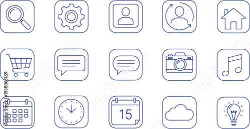 Collection of icons representing various common digital and daily life functions