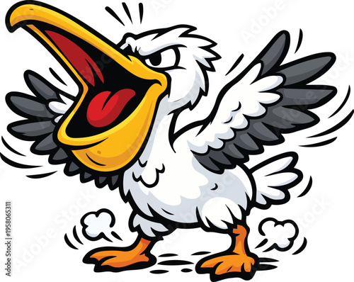 Foto Angry cartoon pelican mascot squawking with wings spread wide