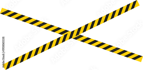 Two yellow and black striped warning tapes crossing diagonally for caution and restricted access
