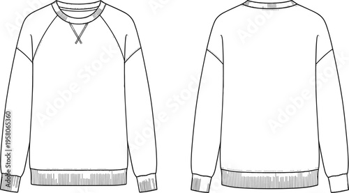Sweatshirt technical drawing, fashion flat sketch, vector illustration, front and back view, crew neck pullover, raglan sleeves, apparel template, casual wear design, white background