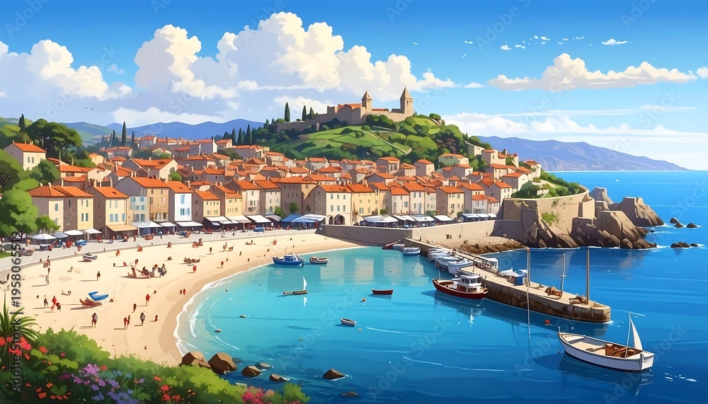 Obraz premium Vibrant Coastal Town with Beach and Harbor.