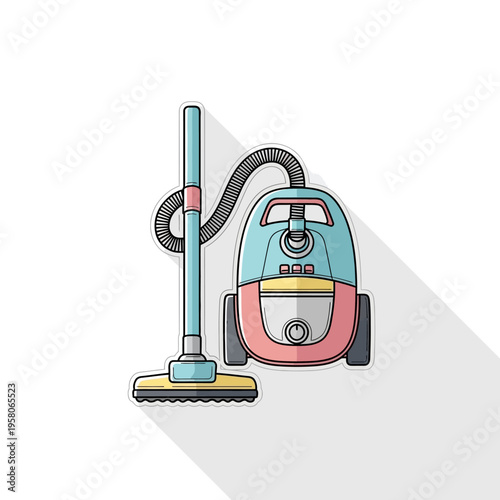 Retro Vacuum Cleaner with Hose and Wand, Flat Design Icon with Long Shadow
