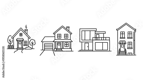 Diverse architectural styles of residential homes showcased in a clean, minimalist line art illustration format