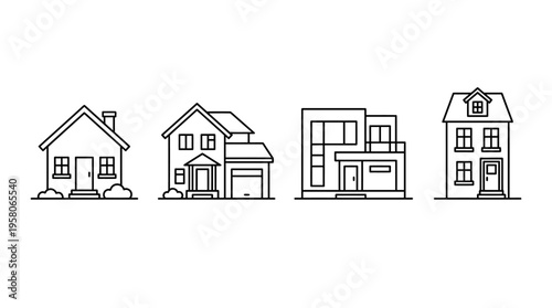 A set of four distinct house illustrations, showcasing different architectural styles and designs
