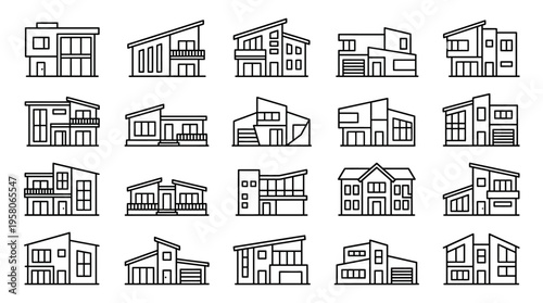 Modern house outlines vector icon set. Diverse architectural styles and contemporary home design concepts in minimalist line art, ideal for real estate development