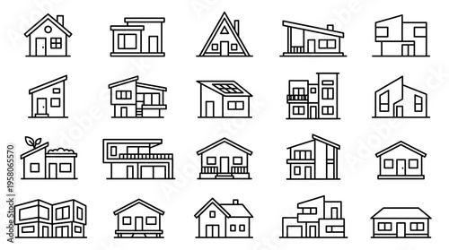 Modern House Line Icons Collection. Diverse Vector Set of Contemporary Residential Building Outlines, Architectural Structures, and Urban Dwellings for Real Estate and Home Design