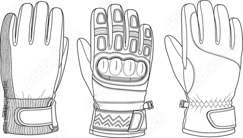 Tactical gloves technical drawing, fashion flat sketch, vector illustration, motorcycle gear, protective handwear, front back view, design template, apparel outline, white background.