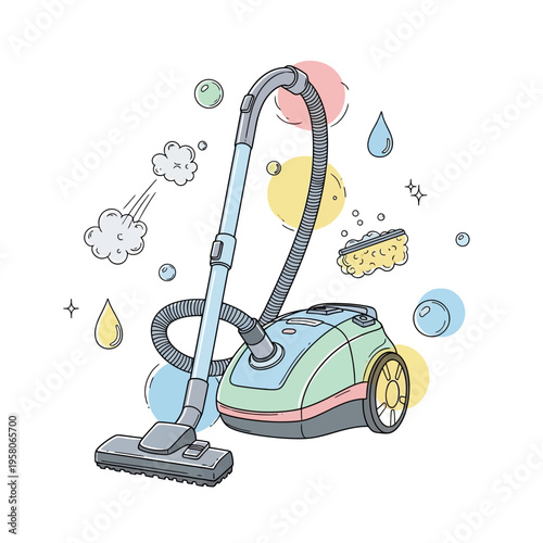 Cartoon Vacuum Cleaner with Bubbles and Dust Clouds - Cleaning Concept