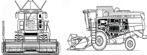 Technical Blueprint Illustration of Agricultural Combine Harvester Featuring Detailed Front and Side Views of Heavy Duty Farm Machinery for Grain Harvesting