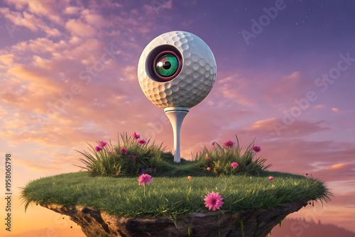 Surreal golf ball with eye on tee, floating island, fantasy landscape, creative concept, oddity