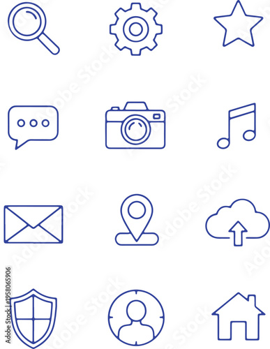 Collection of twelve distinct icons representing common digital and communication functions