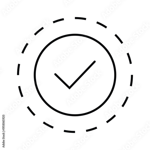A simple black line art icon of a clock with a checkmark