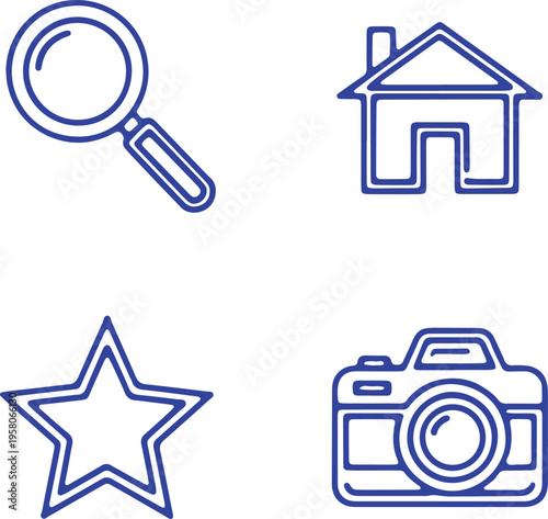 Four simple icons representing search, home, favorite, and camera functions.