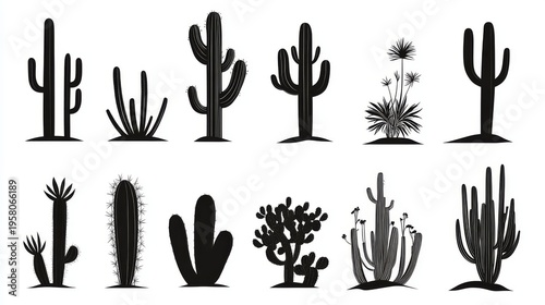 A collection of cactus silhouettes in vintage style, solid black shapes of various succulent species, minimal desert botanical illustration on clean white background