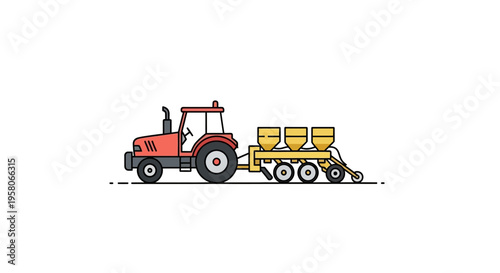 A red tractor pulling a yellow seeder.