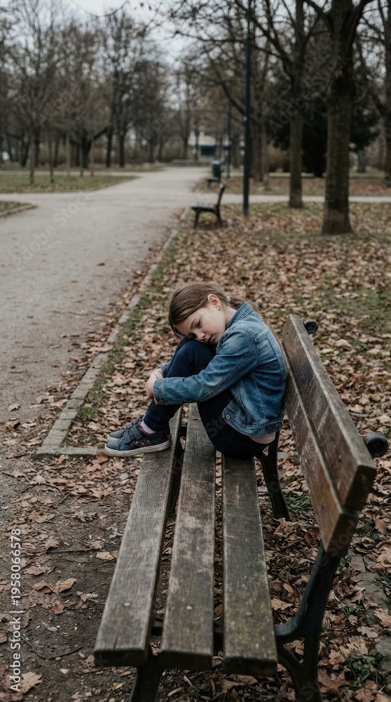 Fototapeta premium Sad girl sitting alone in the park during day
