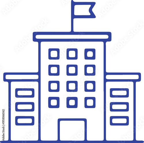 Modern government building with a flag on top of the central tower