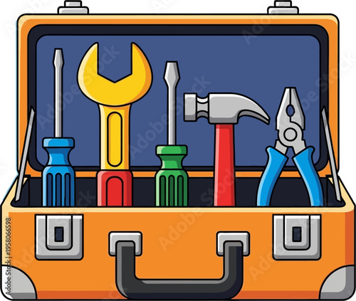 Open orange toolbox filled with essential hand tools like screwdrivers, wrench, hammer, and pliers, ready for repairs or DIY projects.