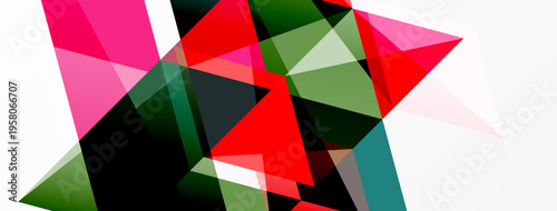 Abstract geometric composition. Overlapping polygons create dynamic visual effect. Red, green, pink hues dominate white background. Modern design.