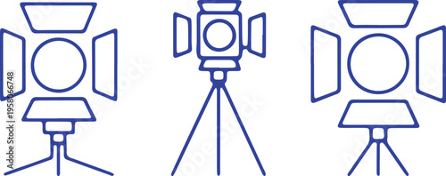 Three different types of studio lighting equipment arranged side by side