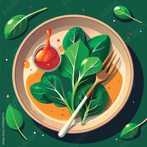 Fresh spinach salad with dipping sauce.