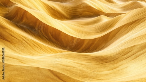 Expansive view of desert terrain with flowing sand wave patterns, abstract design formed by wind erosion, monochromatic yellow-brown color palette