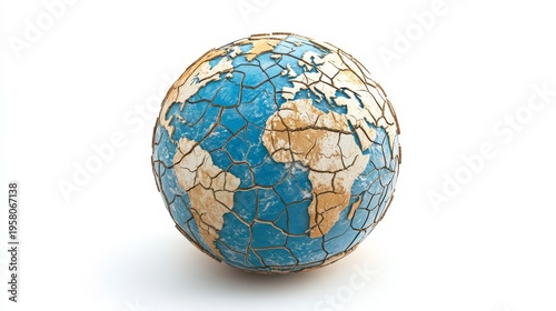 Cracked and dried planet earth illustration isolated on white, symbol of climate change and drought, realistic cracked soil texture across continents