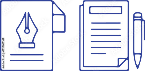 Illustrative icons representing writing and editing documents with a pen and quill