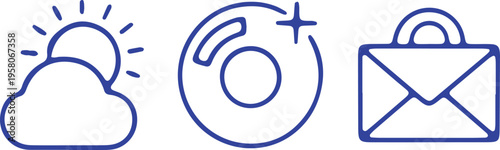 Icon set representing weather, updates, and communication features