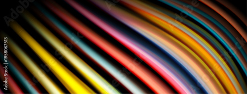 Abstract colorful lines curve, creating dynamic visual effect. Bright hues blend into dark background. Striking contrast exists.