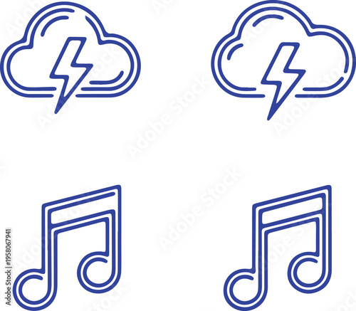 Icon set depicting weather and music symbols with a modern design style.