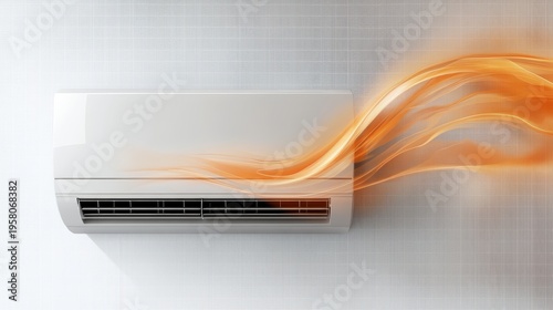 Realistic 3D vector illustration of warm airflow coming from an air conditioner unit, wavy heat lines in orange tones moving downward, isolated on transparent background