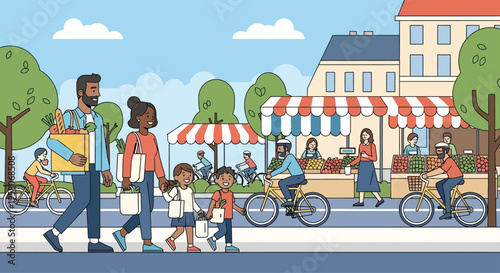 Diverse family walking together in a vibrant city street scene.