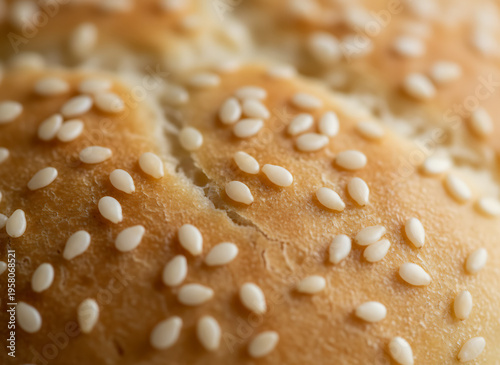 Closeup of a fresh golden brown hamburger bun topped with sesame seeds