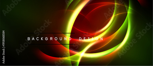 Abstract design features vibrant curves, glowing lines. Dark background emphasizes bright colors, creating dynamic visual effect.
