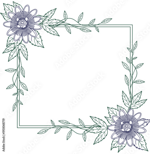 Hand drawn Passion Flower floral frame in crayon marker style