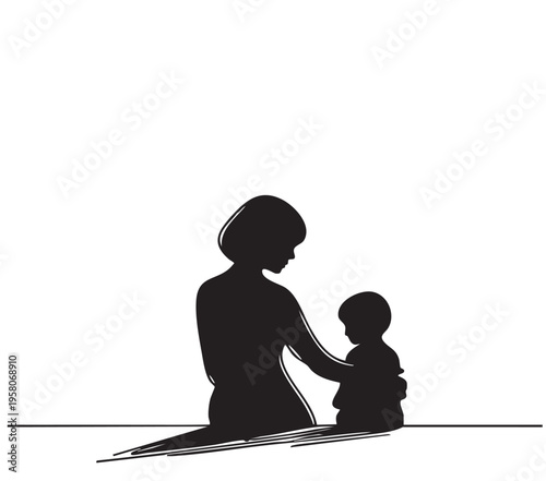 Woman and child, refugees. Mother with baby Sketching. Violence concept