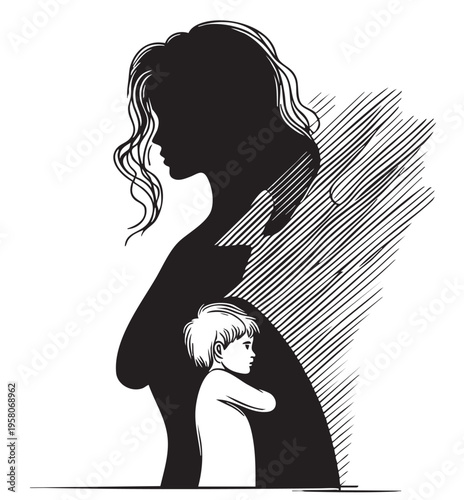 Woman and child, black and white. Mother with baby Sketching. Violence concept