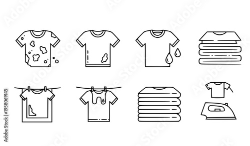 A set of laundry icons including dirty clothes, clean clothes, and an iron