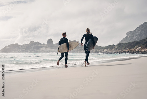 Photography Vacation, couple or running with surfboard on beach for surfing adventure, weekend trip or bonding