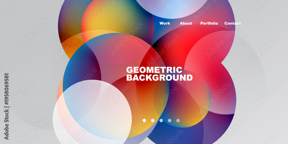 Fototapeta premium Abstract colorful overlapping circles create dynamic background. Text displays portfolio navigation options, geometric design.
