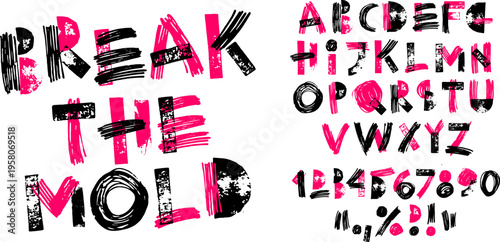 Hand drawn alphabet and numbers with grunge ink texture on transparent background. Artistic messy brush strokes font layout for creative design. Doodle style typography decorative set.